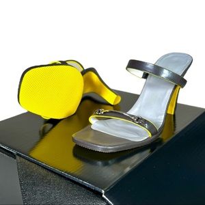 Gucci Brown Yellow Grey Strap 4” Heel Sandals sz 6